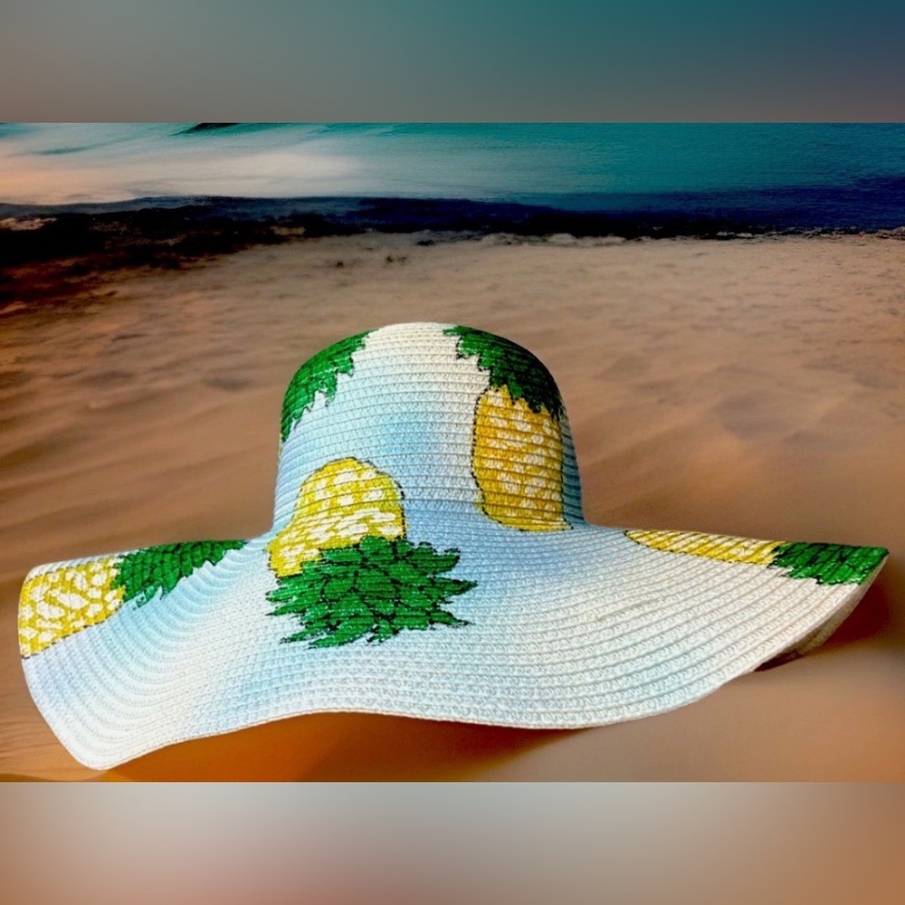 Wide Brim beach hat sky blue Pineapple motif chic glamorous vacation cruise